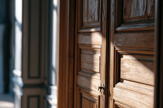 The image showcases beautifully crafted wooden doors adorned with intricate patterns, illuminated by soft sunlight casting gentle shadows in a serene space.