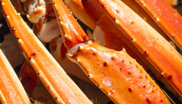 Close up of cooked snow crab legs with bright orange shell