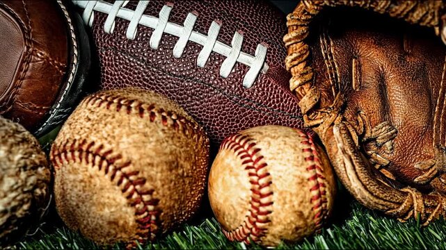 Close-up shot of vintage sports equipment featuring a worn leather baseball glove, football, and several aged baseballs resting.