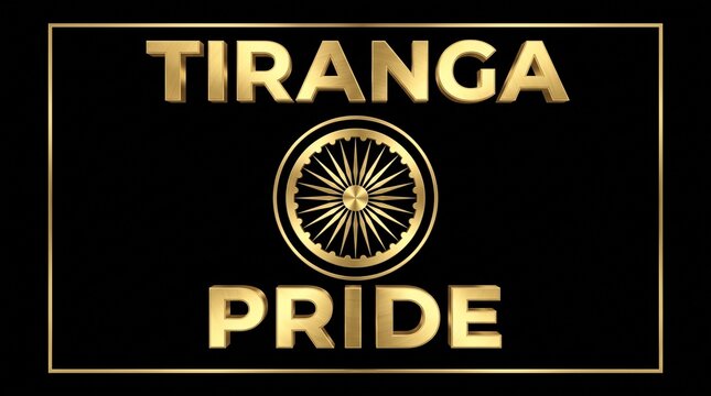 3D golden metallic Tiranga Pride typography with Ashoka Chakra inside rectangular frame on black background.