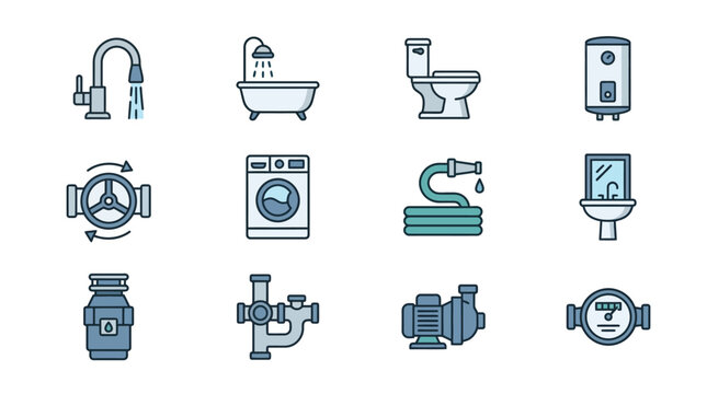 Flat Design Plumbing and Appliance Icons Collection.