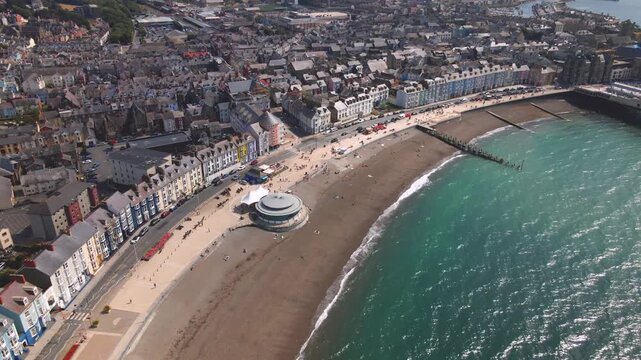 Aberystwyth bandstand promenade beach and seafront aerial drone view