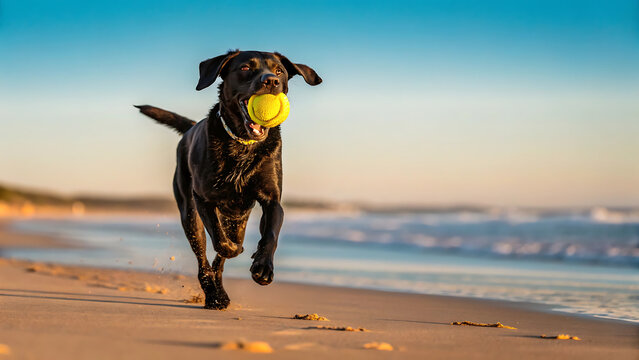 Black Labrador running on beach with ball. Energetic dog playing fetch at the seaside.