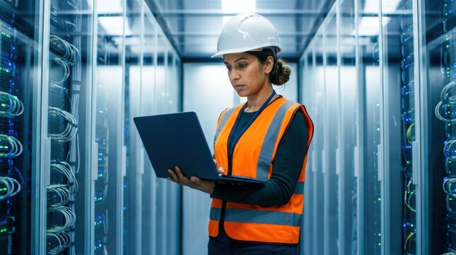 Female engineer working on laptop in server room.