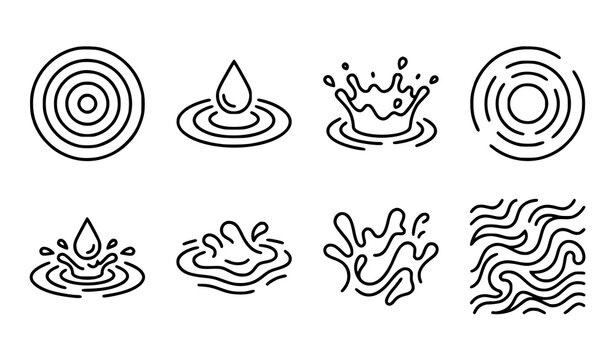 Water Ripple and Splash Outline Icon Collection with Droplets Waves Circular Liquid Effect Symbols