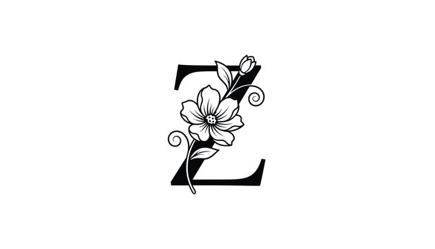 Elegant monogram capital letter Z adorned with hand drawn black and white flower, leaves, and decorative curls.