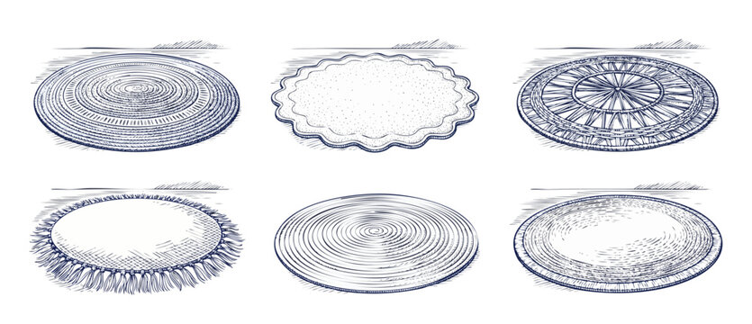 Round rug hand drawn sketch set of circular carpets with tassels and textures for interior home decor isolated on white background, vintage blueprint style line art design elements pack illustration.