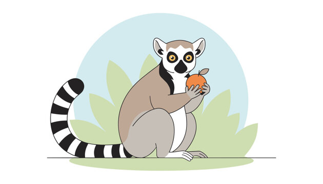 Charming ring-tailed lemur sits calmly while holding an orange fruit in its hands against a soft pastel background.