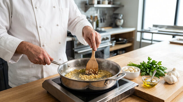 Garlic cooking demonstration by chef saut&eacute;ing minced garlic