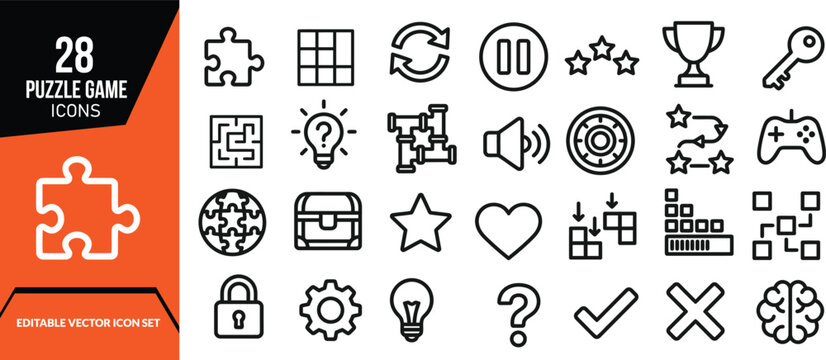 Puzzle game icon set 28 vector icons for board games logic and problem solving applications