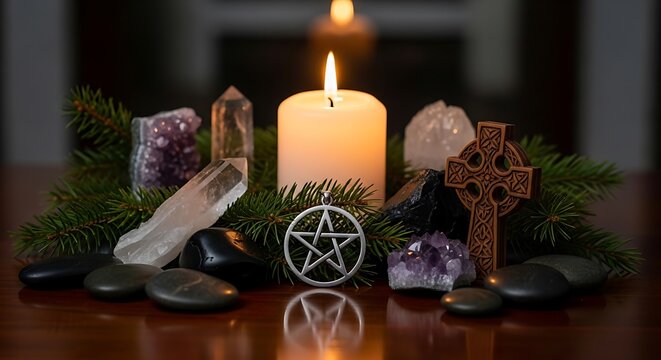 A burning candle surrounded by crystals, a pentacle, cross, rocks, and evergreen boughs