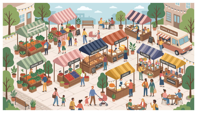 Busy outdoor farmers market scene featuring various vendor stalls selling fresh produce and local artisanal goods