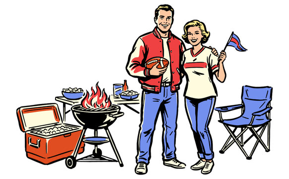 Retro vintage tailgate party illustration with couple, grill, football and cooler. American football sports fans BBQ event graphic.