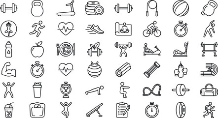 Naklejka premium Fitness and Healthy Lifestyle Outline Icon Set Featuring Gym Equipment Weight Training Elements Running Cardio Nutritious Diet Plan and Wellness Progress Tracking Symbols