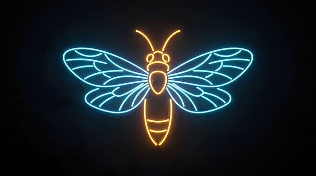 Neon bee insect glowing sign icon art with electric honeybee silhouette illustration