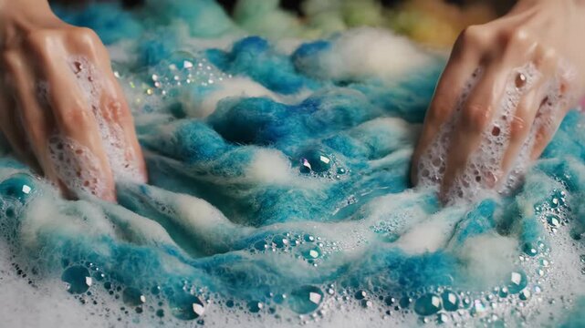 Hands Pressing Blue and White Wool Fibers with Soapy Bubbles in Wet Felting Process