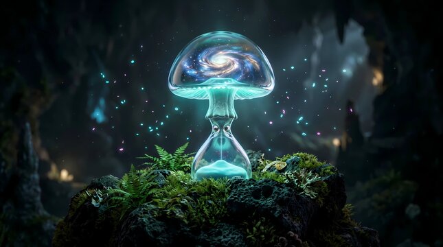 
Luxury glass mushroom sculpture with blue neon plasma on stone