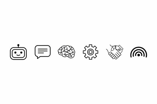 Set of minimalist black line icons representing technology, communication, artificial intelligence, and business collaboration on a white background