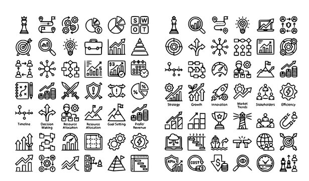 Strategy management line icon set with 50 editable stroke pixel perfect business planning and corporate execution linear symbols