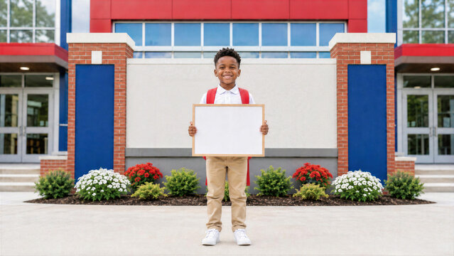 Smiling Black schoolboy wearing a red backpack and holding a blank white board with copy space while looking at the camera outside a modern elementary school entrance on a bright sunny day