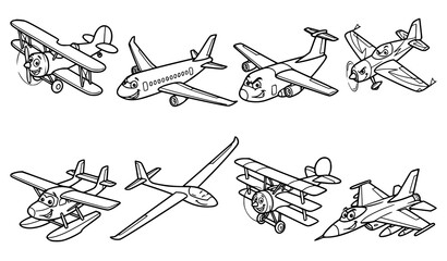 Humorous Cartoon Airplane Vector Collection with Fighter Jet, Biplane, Glider and Seaplane Character Faces © Abddulah