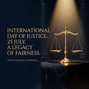 International day of justice poster 25 july with golden scales on black marble pedestal fairness judgment judicial legislation