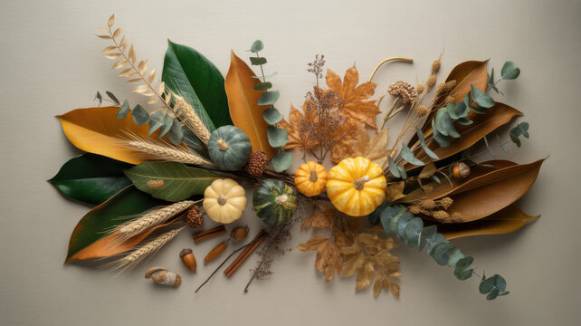 Autumn Harvest Composition with Seasonal Pumpkins and Foliage Elements for Festive Table Decoration and Holiday Backgrounds