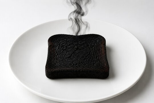 A single piece of charred toast on a white plate with a faint trail of dark smoke.