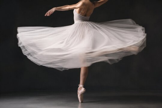 Ballet dancer's skirt forming a circular blur as she spins, dark background.