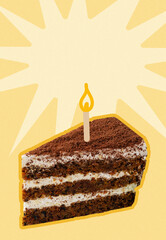 Fototapeta premium Celebrating a birthday with a cake slice and a lit candle on a bright background