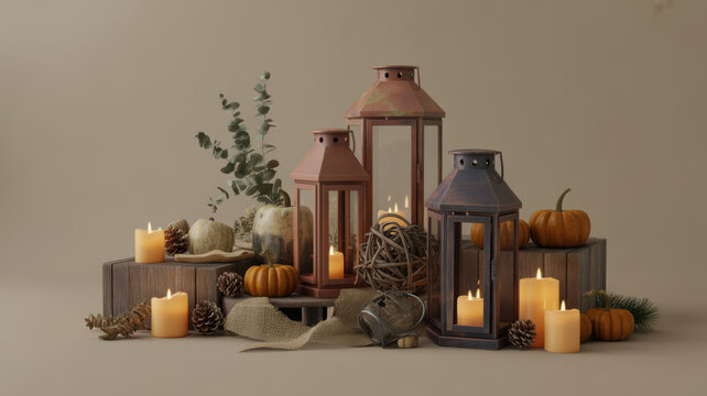 Cozy Autumn Interior Decoration Featuring Rustic Metal Lanterns With Glowing Candles And Decorative Pumpkins On Wooden Pedestals