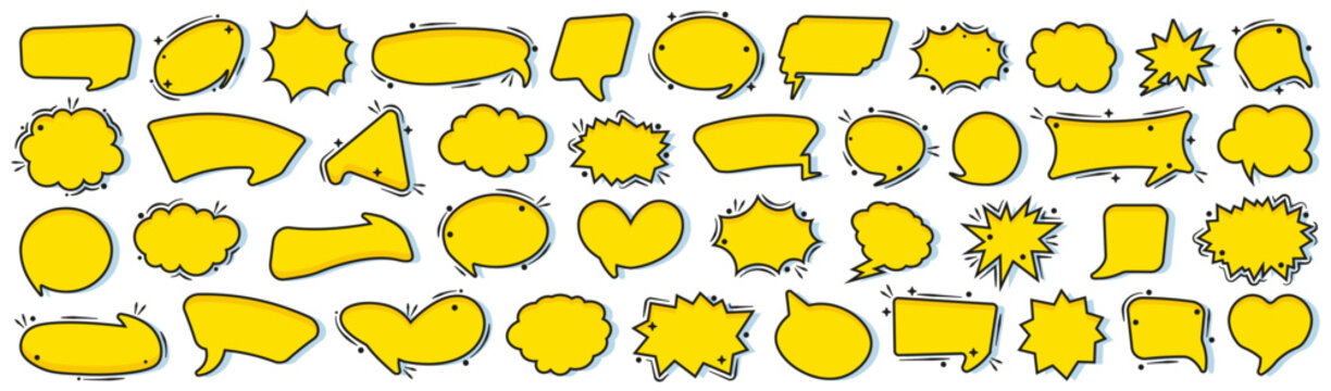 Comic speech bubble collection featuring colorful hand drawn dialog boxes, cloud captions, starbursts and message frames for comics, social media