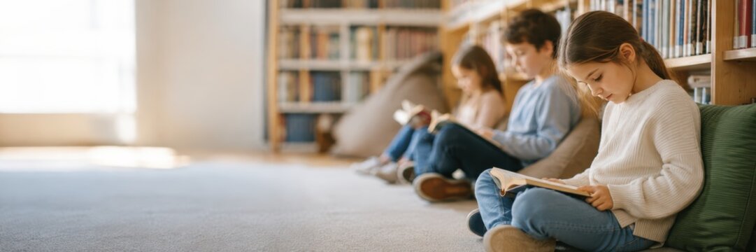 young schoolchildren sitting on bean bags and reading books in a bright library, focused girl in the foreground with classmates studying quietly beside bookshelves in warm morning light