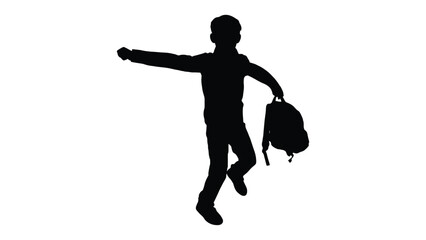 Silhouette illustration of student holding backpack in dynamic pose with raised leg and extended arm, symbolizing excitement, movement, travel, and academic enthusiasm themes © Clipzax