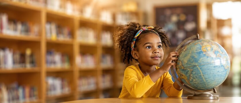 school girl exploring a globe with curious smile while sitting at a library table surrounded by bookshelves