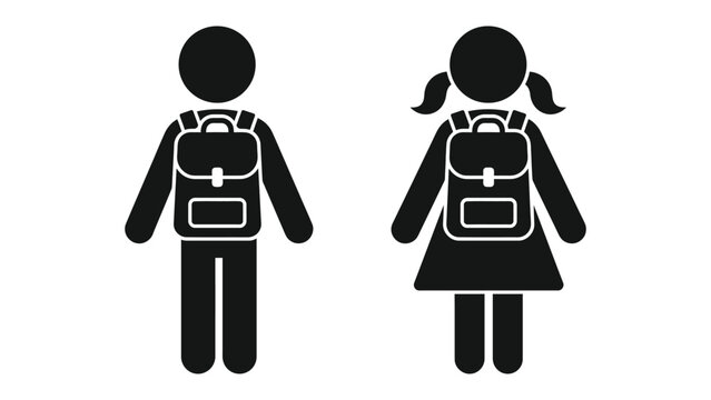 Silhouette illustration of two students with backpacks, one with straight body and one with skirt and pigtails, symbolizing school children, education, safety signage, and academic themes