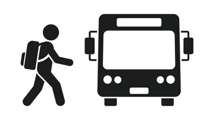 Silhouette illustration of student with backpack walking toward bus icon, symbolizing school commute, public transportation, education journey, and academic progression themes © Clipzax