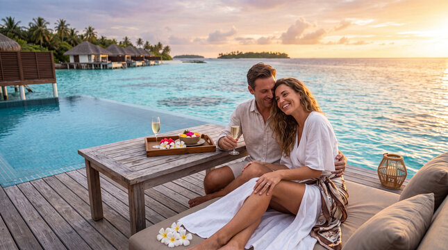 Luxury travel destination with a romantic tropical beach, crystal clear turquoise water, overwater villa, infinity pool, and breathtaking sunset. Perfect honeymoon getaway for a couple seeking relaxat