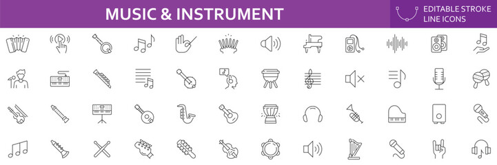 Music and instrument outline icon set. Linear icon collection. Editable stroke. Vector illustration. © Pixelora