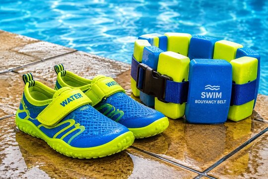 A pair of bright training shoes and a buoyancy belt on wet poolside tiles.