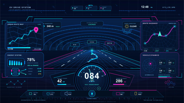 Futuristic electric vehicle dashboard displaying navigation, speed, battery status, and route guidance.