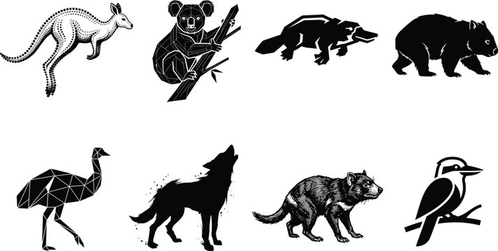 Australian Wild Animals Silhouettes Vector Set Kangaroo Koala Platypus Wombat Emu Dingo Tasmanian Devil Kookaburra