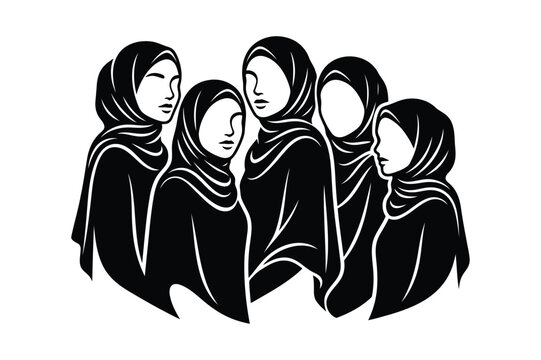 Four Muslim women in hijab group portrait illustration