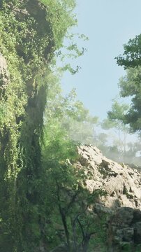 Mist rises from the ground in a green forest. Tall trees surround rocky formations. Light filters through the leaves as the sun shines. Nature shows its beauty in the morning.