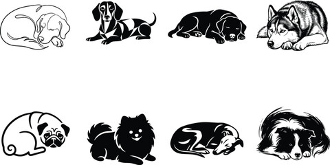 Sleeping Dog Breeds Silhouettes Vector Set Lying Down Dachshund Husky Pug Pomeranian Icons Collection © MdAbdur