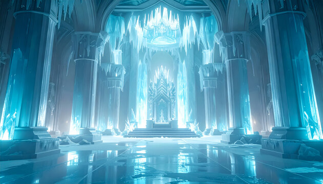 Frozen Ice Cathedral Interior with Crystal Throne Hall
