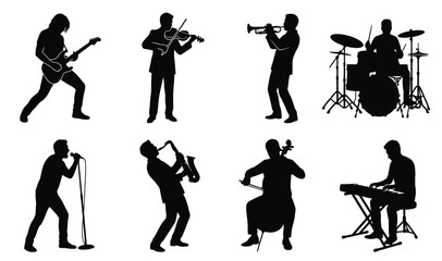 Vector set of professional musician silhouettes playing instruments including guitar violin trumpet drums singing saxophone cello and keyboard © RATANCHANDRA