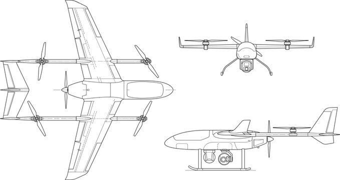 Minimalist Line Art Fixed Wing VTOL Drone UAV Technical Vector Illustration Multi View Set