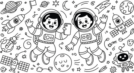 Cute boy and girl astronauts taking selfie in space doodle vector illustration with rockets, planets, satellites, robot, and stars background. © Harlin_