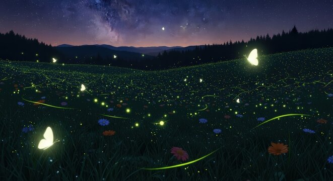 A captivating nighttime scene showcasing a lush green landscape illuminated by glowing fireflies under a star-filled sky capturing the enchanting beauty of nature's bioluminescent insects in their nat